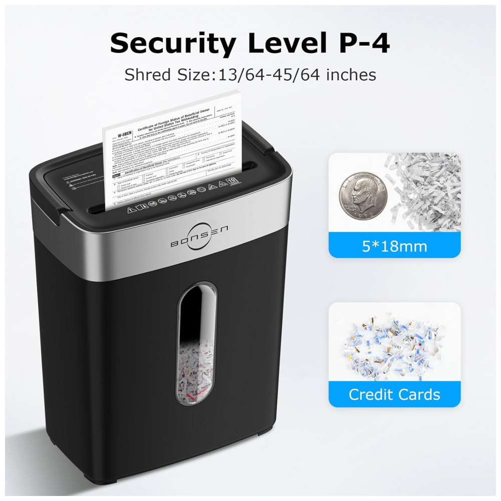 Fragmentadora de Papel Bonsen 10 Folhas Cortes Cruzados para Casa e Escritório, Nível de Segurança P4, Alça Portátil, Cesto de 15 Litros, - Imagem 3