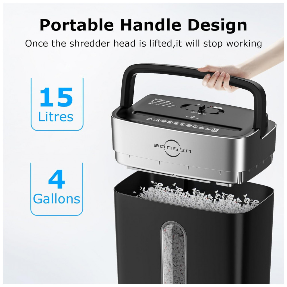 Fragmentadora de Papel Bonsen 10 Folhas Cortes Cruzados para Casa e Escritório, Nível de Segurança P4, Alça Portátil, Cesto de 15 Litros, - Imagem 4