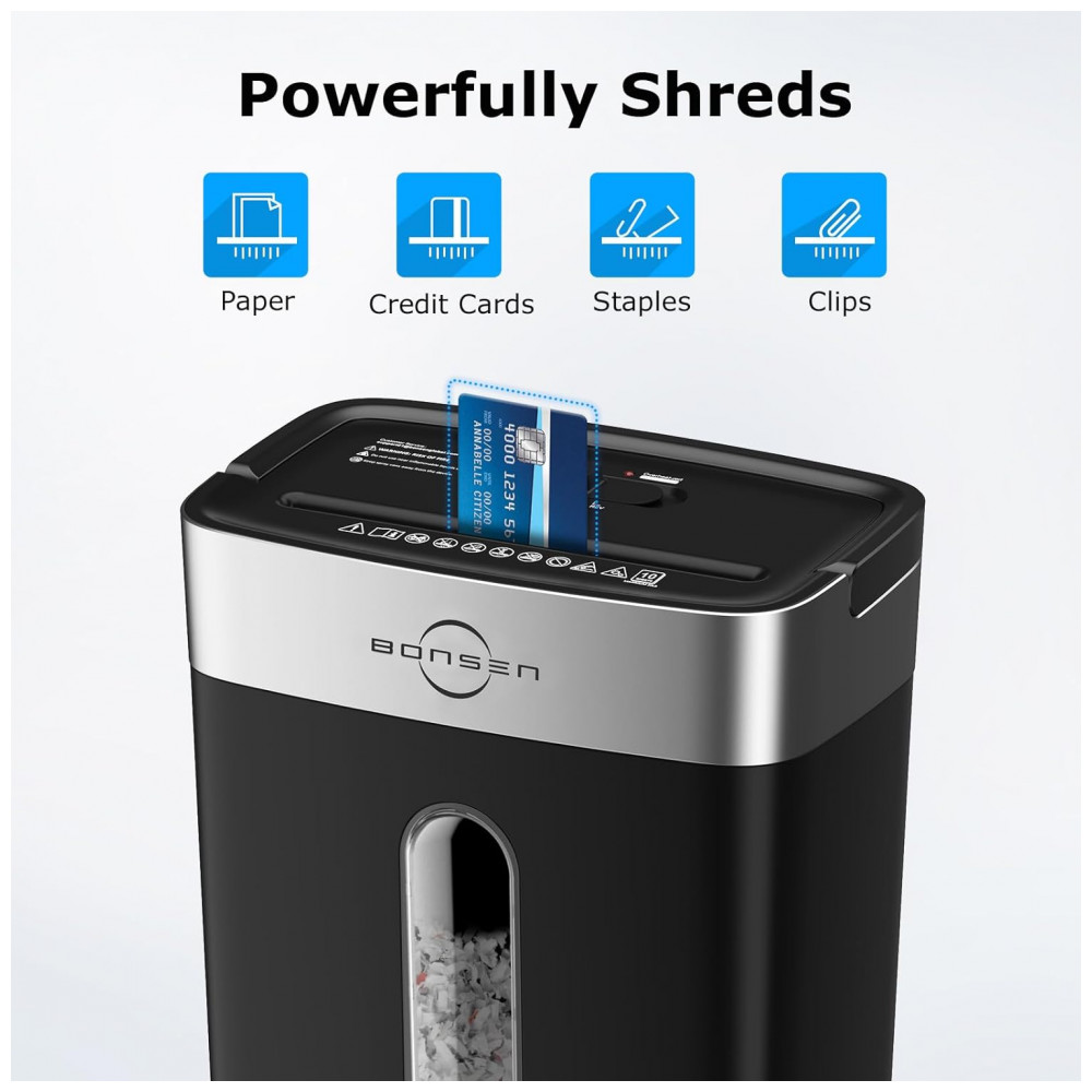 Fragmentadora de Papel Bonsen 10 Folhas Cortes Cruzados para Casa e Escritório, Nível de Segurança P4, Alça Portátil, Cesto de 15 Litros, - Imagem 5