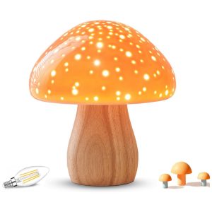 BOHON Luminária Cogumelo de Cerâmica Retrô para Mesa de Cabeceira com LED 2700K - Laranja Vibrante