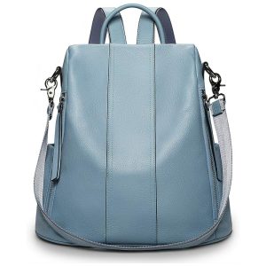 Mochila Feminina de Couro Conversível para Bolsa de Ombro S ZONE Azul Claro
