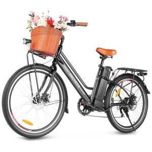 Bicicleta Elétrica ANCHEER 26 para Adultos Modelo City Bike com Chassi Baixo e Motor de 750W Bateria de 48V374Wh Autonomia de até 80Km Cesta Disp