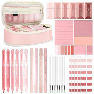 Kit escolar estético Janlaugh 38 peças com estojo canetas marcadores fitas corretivas notas adesivas e marcadores de página rosa degradê clássico
