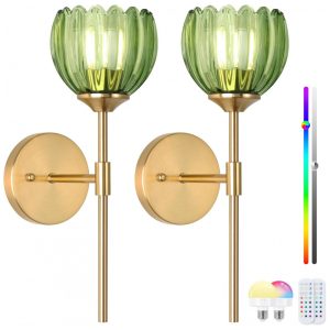 Rnzziw Conjunto de 2 Arandelas Vintage Recarregáveis com Lâmpadas RGB Dimerizáveis e Controle Remoto - Verde Tulipa 37 cm