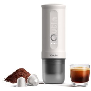 Mini Máquina de Café Expresso Elétrica Portátil para Café Moído ou Cápsula 12V 24V Outin Branca