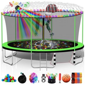 Goujxcy 12FT 14FT 15FT 16FT Trampolim para crianças e adultos 1500 LBS trampolins ao ar livre com cesta de basquete luzes sprinkler gabinete escada salto recreativo no quintal para crianças adolescentes 16 pés verde com luzes alto falante sprinkler