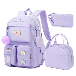Mochila escolar Fitvc juvenil feminina conjunto 6 peças com lancheira estojo bolsa de moeda e pins decorativos