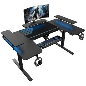 Mesa Gamer Ergonômica 74" 187 cm com Altura Ajustável Ganchos para Fones de Ouvido Prateleiras Conversíveis e Suporte para Monitor 110V EUREKA ERGONOMIC Preto