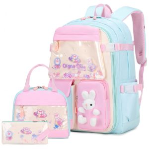 Mochila escolar infantil FIXITOK coelho kawaii 3 peças com lancheira térmica e estojo nylon impermeável azul água