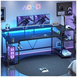 Mesa Gamer 70.8" 180 cm com Luz LED Porta-Copos Suporte para Monitor Prateleiras de Armazenamento e Tomadas 110V SEDETA Preto