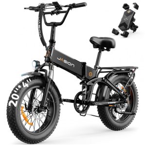 Bicicleta elétrica dobrável Jasion X-Hunter preta obsidiana 20x4 1400W pico bateria 48V 13Ah 7 marchas suspensão dupla 110V