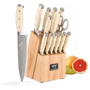 Conjunto de Facas com Bloco de Bancada com Afiador Embutido 14 Peças NANFANG BROTHERS Creme