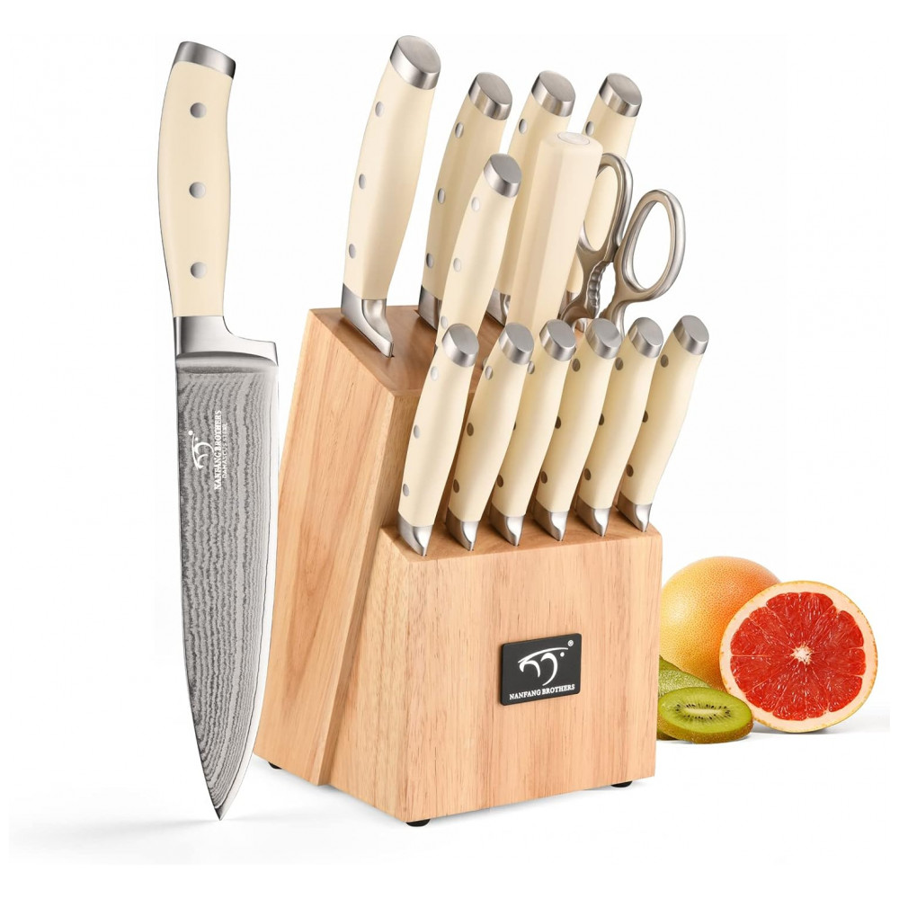 Conjunto de Facas com Bloco de Bancada com Afiador Embutido 14 Peças NANFANG BROTHERS Creme