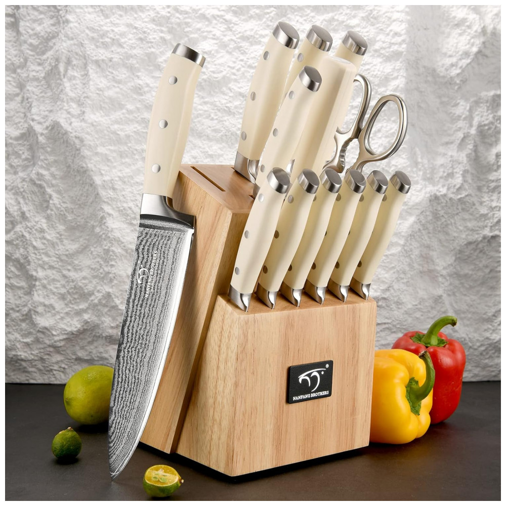 Conjunto de Facas com Bloco de Bancada com Afiador Embutido 14 Peças NANFANG BROTHERS Creme - Imagem 4