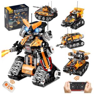STEM Kit robótico 5 em 1 QHECTTY laranja e preto com controle remoto e APP 600 peças de blocos de montar