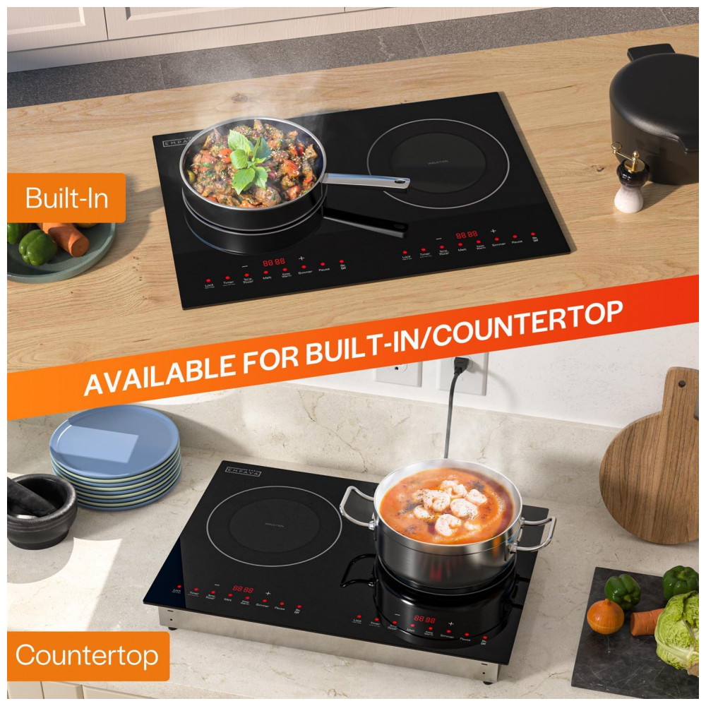 Cooktop de Indução Duplo Empava 2 Bocas, Topo de Vidro Plano à Prova de Quebra, 18 Níveis de 48°C a 238°C, 3 Modos Pré-Definidos, Cooktop Embutido, - Imagem 2