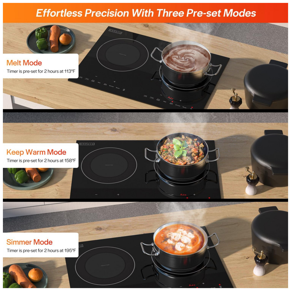 Cooktop de Indução Duplo Empava 2 Bocas, Topo de Vidro Plano à Prova de Quebra, 18 Níveis de 48°C a 238°C, 3 Modos Pré-Definidos, Cooktop Embutido, - Imagem 4