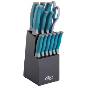Conjunto de Facas em Aço Inoxidável com Bloco de Bancada 14 Peças Oster Azul e Cinza