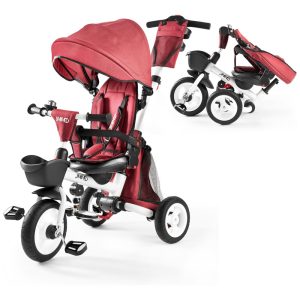 Triciclo Infantil Dobrável 7 em 1 com Alça Ajustável Arnês de Segurança Freios de Roda Capota Removível e Armazenamento JMMD Vermelho