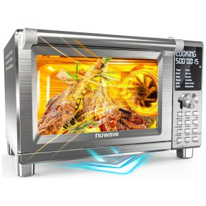 Forno Elétrico de Bancada em Aço Inoxidável 28L com 142 Predefinições 3 Velocidades do Ventilador e Função Air Fryer 110V 1800W Nuwave Bravo XL Pro Prata