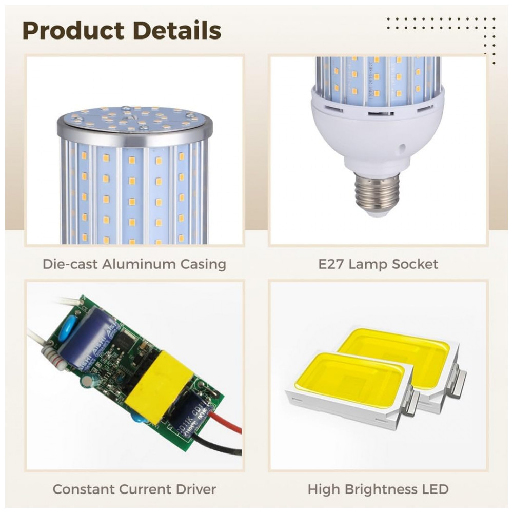 Lâmpadas LED Milho 60W E27 Branco Quente 3000K 2 Unidades, Lâmpadas Econômicas Multi-Voltagem AC 85-265V para Quartos, Restaurantes, Tressify - Imagem 3