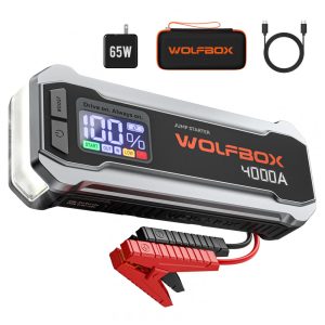 Jump Starter(Aux. de partida) WOLFBOX 4000A Preto 88.8Wh 65W Carregamento Rápido Gasolina 10L Diesel 10L 12V