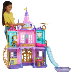 Castelo de Princesas com Luzes e Sons 3 Níveis e 25 Peças de Mobiliário e Acessórios Mattel Disney Rosa.