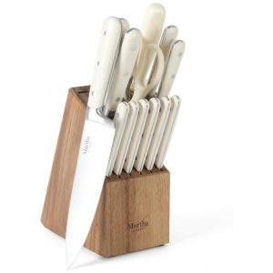 Conjunto de Facas em Aço Inoxidável com Bloco de Bancada em Madeira de Acácia 14 Peças MARTHA STEWART Branco