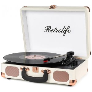 Toca-discos portátil Retrolife Vinyl Record Player 3 Velocidades em Maleta - Branco Vintage