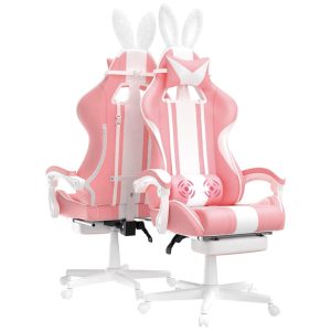 Cadeira Gamer com Orelhas de Coelho e Apoio para Lombar e Pés Ferghana Rosa