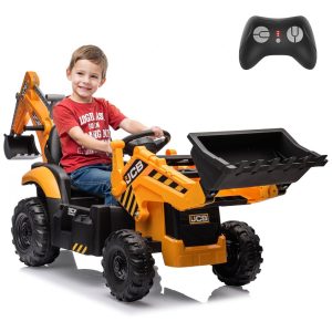Carrinho Elétrico Infantil 3 em 1 24V JCB Excavator Trator Bulldozer Controle Remoto Multifuncional Bluetooth Amarelo