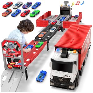 Caminhão Transportador que Vira Pista de Corrida Dobrável de 3 Camadas Inclui 8 Carros Diuerma.