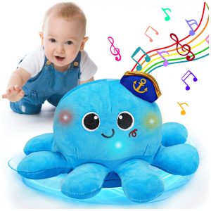 Polvo musical de pelúcia azul Tsomtto T899 com luz fala gravada e movimento para engatinhar e caminhar