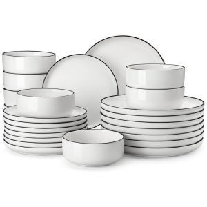Conjunto de Pratos e Tigelas MALACASA 24 Peças em Porcelana Moderna para 8 Pessoas Jogo de Jantar Branco com Acabamento Preto Resistente a Micro-on