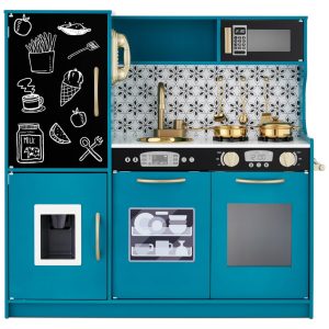Cozinha Infantil com Design Realista Telefone Utensílios Forno Micro-Ondas e Pia para Crianças Acima de 3 Anos Best Choice Products Azul e Dourado