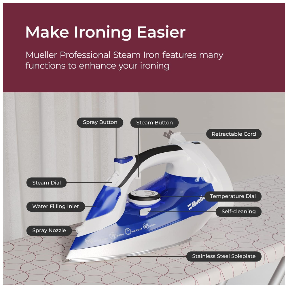 Ferro de Passar a Vapor com Desligamento Automático 1500W 110W MUELLER AUSTRIA MU 77XB Azul - Imagem 3
