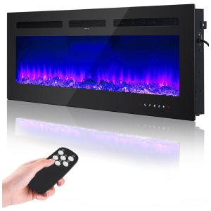 Lareira Elétrica 127 cm Recessada e Montada na Parede Aquecedor 1500W/750W Termostato (15-37°C) Controle Remoto e Touch 12 Cores. Fectiontool