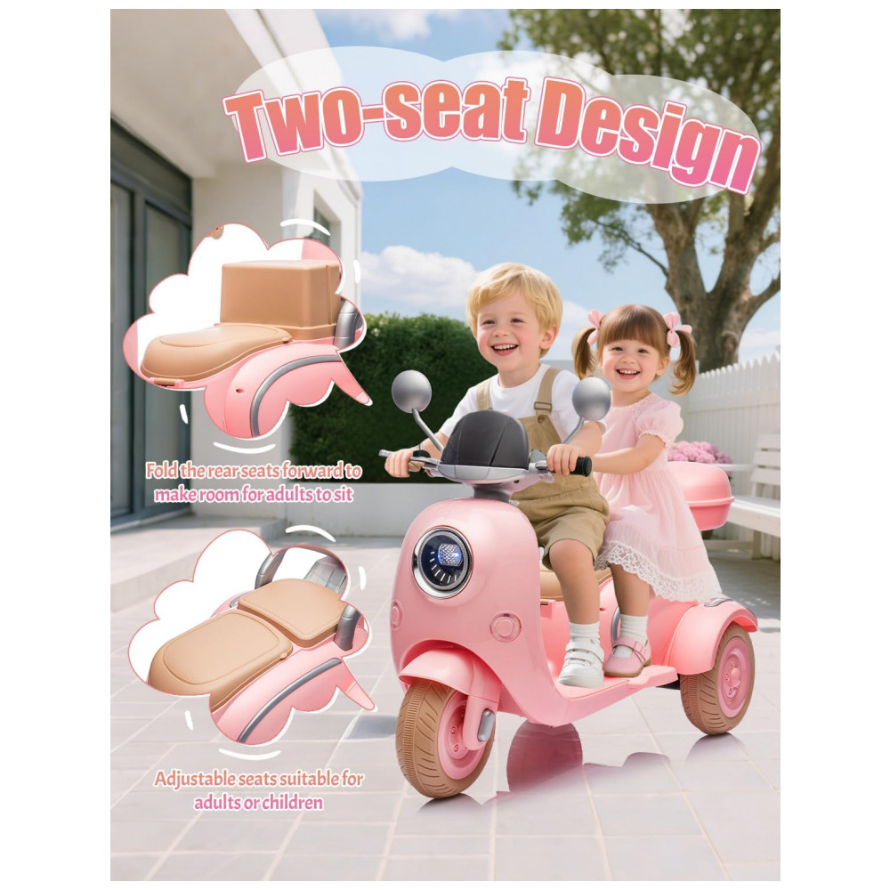 Moto Elétrica Infantil 2 Lugares Okybaby Rosa Claro 12V 3 Rodas Duplo Motor Bluetooth USB Painel LED 3 Velocidades Suspensão Baú - Imagem 3