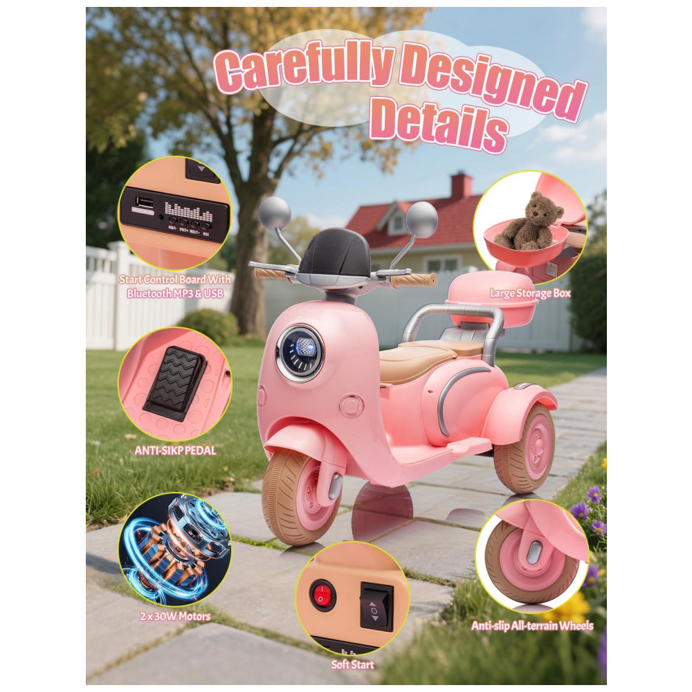 Moto Elétrica Infantil 2 Lugares Okybaby Rosa Claro 12V 3 Rodas Duplo Motor Bluetooth USB Painel LED 3 Velocidades Suspensão Baú - Imagem 4