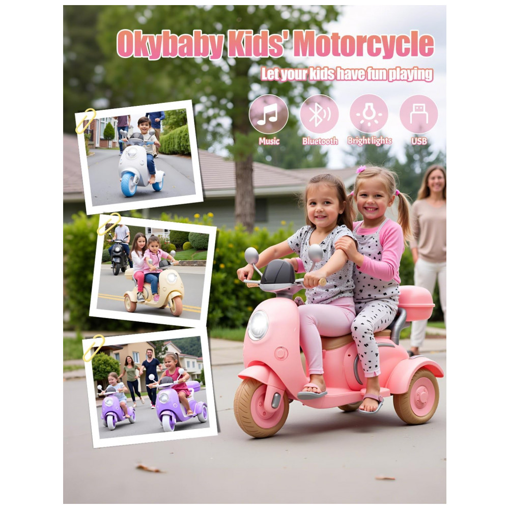 Moto Elétrica Infantil 2 Lugares Okybaby Rosa Claro 12V 3 Rodas Duplo Motor Bluetooth USB Painel LED 3 Velocidades Suspensão Baú - Imagem 5