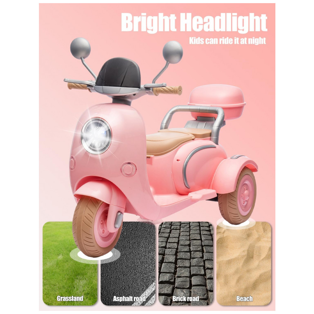 Moto Elétrica Infantil 2 Lugares Okybaby Rosa Claro 12V 3 Rodas Duplo Motor Bluetooth USB Painel LED 3 Velocidades Suspensão Baú - Imagem 6
