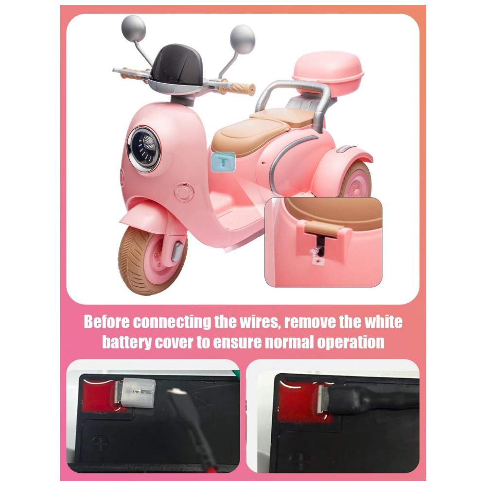 Moto Elétrica Infantil 2 Lugares Okybaby Rosa Claro 12V 3 Rodas Duplo Motor Bluetooth USB Painel LED 3 Velocidades Suspensão Baú - Imagem 7