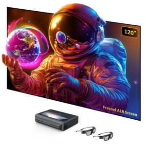 Projetor a laser 4K tri‑color UST NexiGo Aurora Pro MKII preto com tela Fresnel ALR 120" e óculos 3D HDR Dolby Vision e Atmos 110V