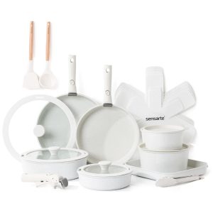 Jogo de Panelas e Frigideiras Antiaderentes Material em Aço Inoxidável com 24 Peças Cabo Removível sem PFOA e Utensílios de Cozinha SENSARTE Branco