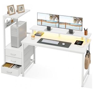 Mesa Gamer Reversível AODK 150 cm Fibra de Carbono Branco com Luzes LED Tomadas USB 3 Gavetas de Tecido e Suporte para Monitor