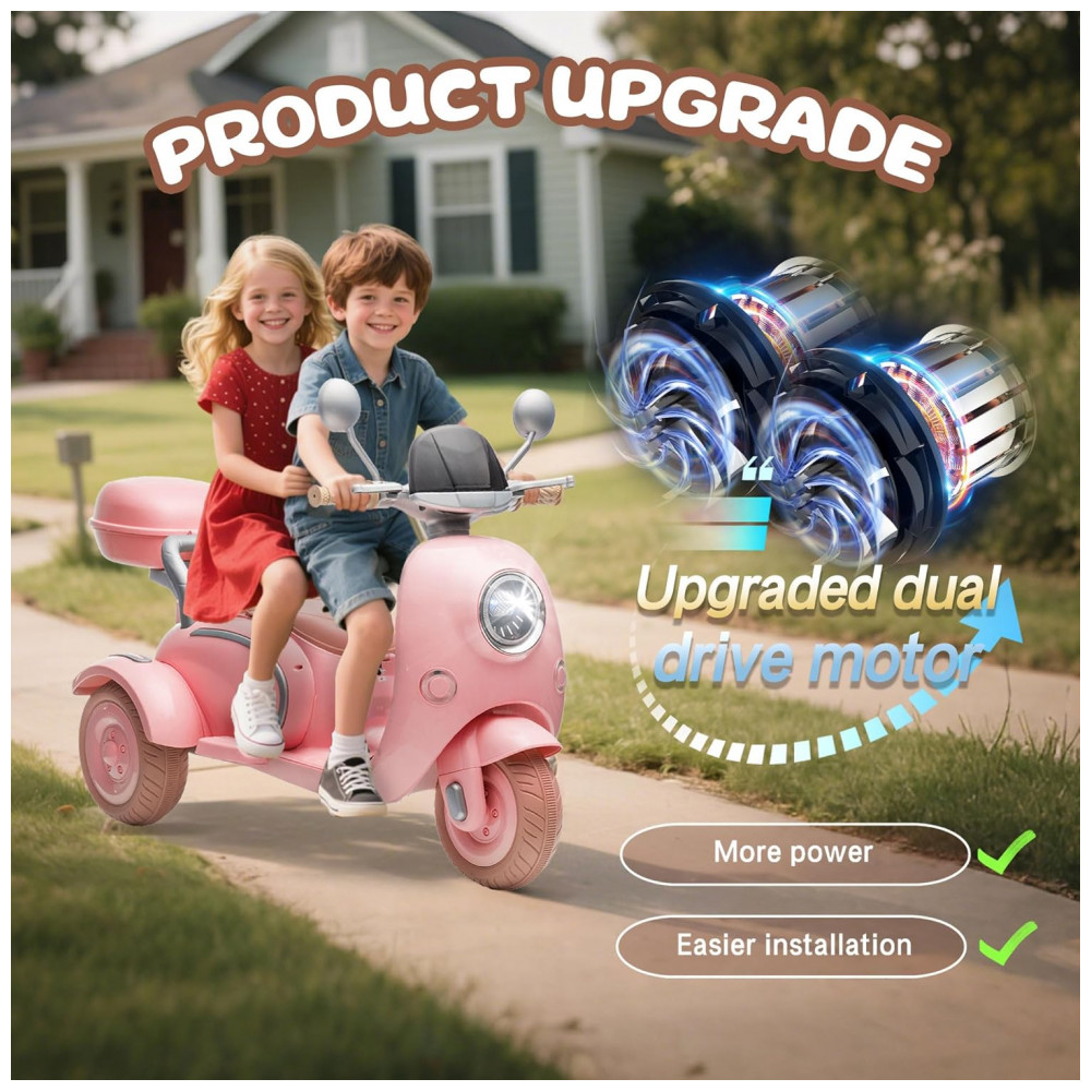 Moto Elétrica Infantil NEWDOOD 12V Rosa Claro 2 Lugares 3 Rodas Bluetooth USB Baú Lento Start Estabilidade - Imagem 2