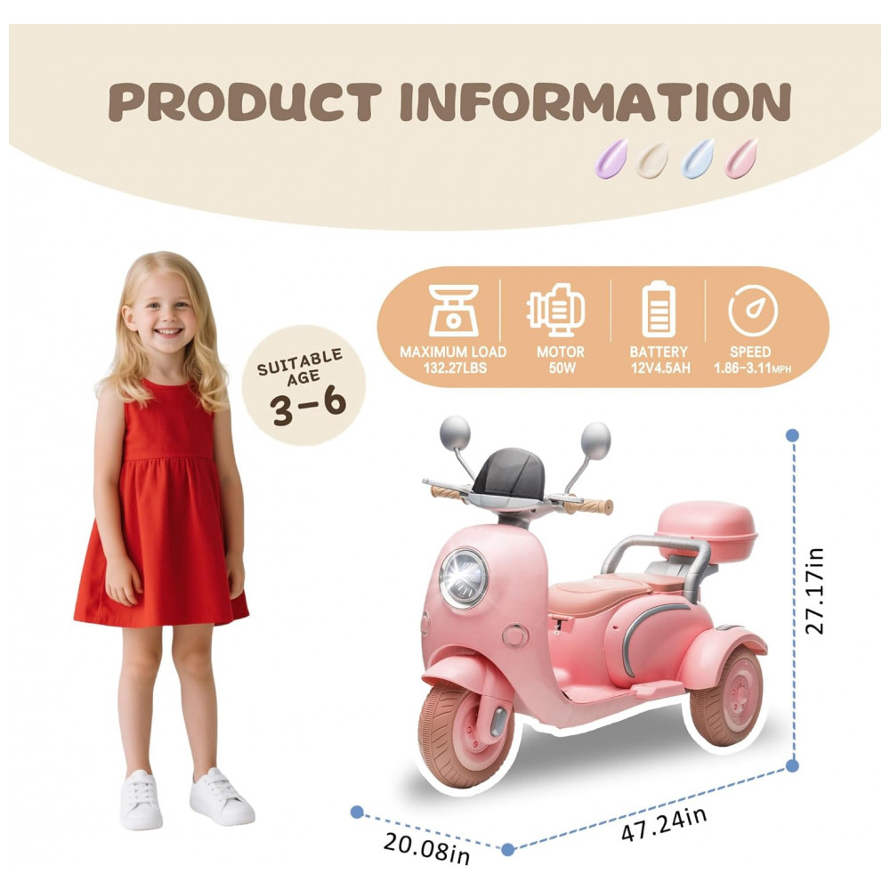 Moto Elétrica Infantil NEWDOOD 12V Rosa Claro 2 Lugares 3 Rodas Bluetooth USB Baú Lento Start Estabilidade - Imagem 3