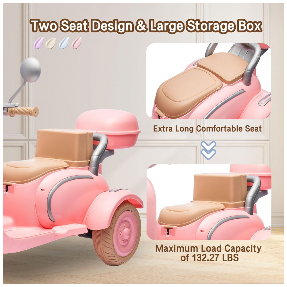 Moto Elétrica Infantil NEWDOOD 12V Rosa Claro 2 Lugares 3 Rodas Bluetooth USB Baú Lento Start Estabilidade - Imagem 4