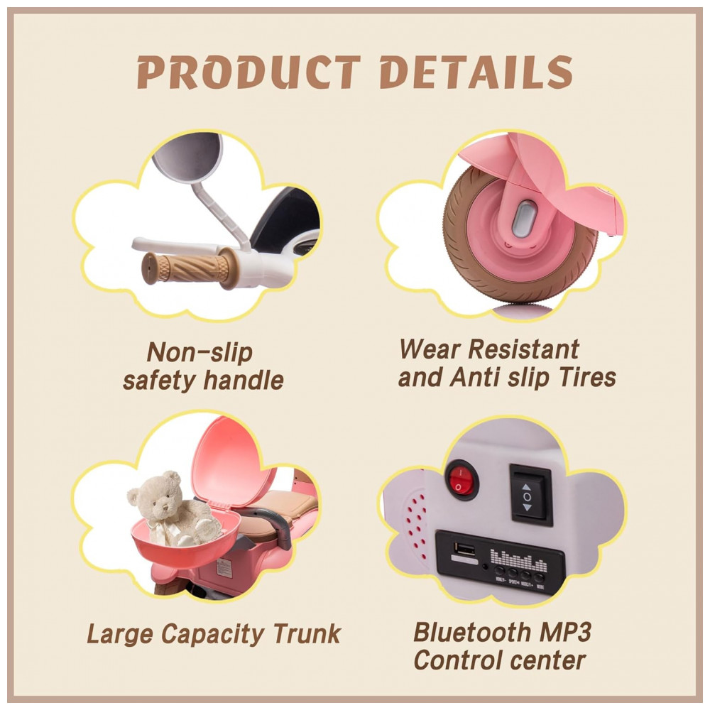 Moto Elétrica Infantil NEWDOOD 12V Rosa Claro 2 Lugares 3 Rodas Bluetooth USB Baú Lento Start Estabilidade - Imagem 5