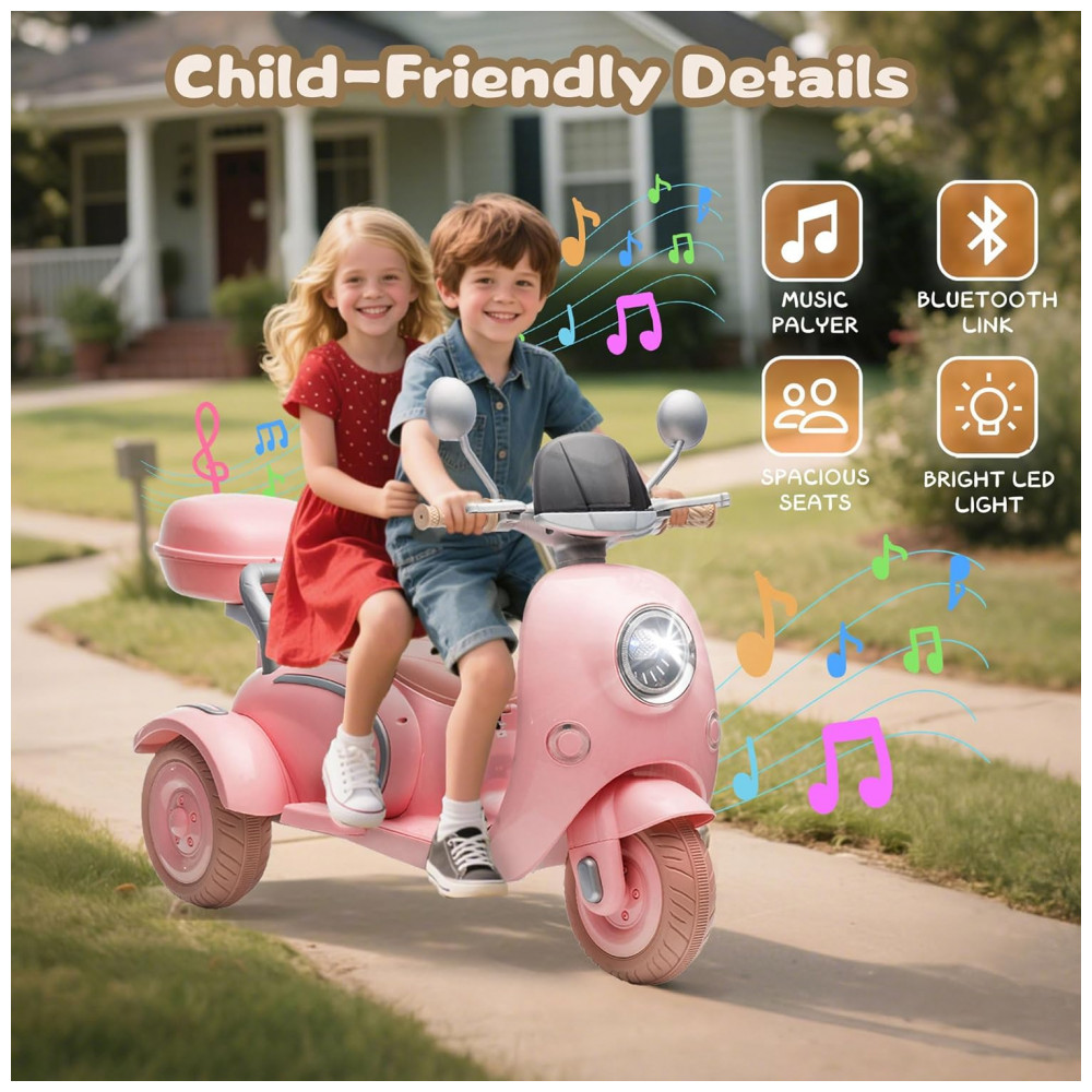 Moto Elétrica Infantil NEWDOOD 12V Rosa Claro 2 Lugares 3 Rodas Bluetooth USB Baú Lento Start Estabilidade - Imagem 6